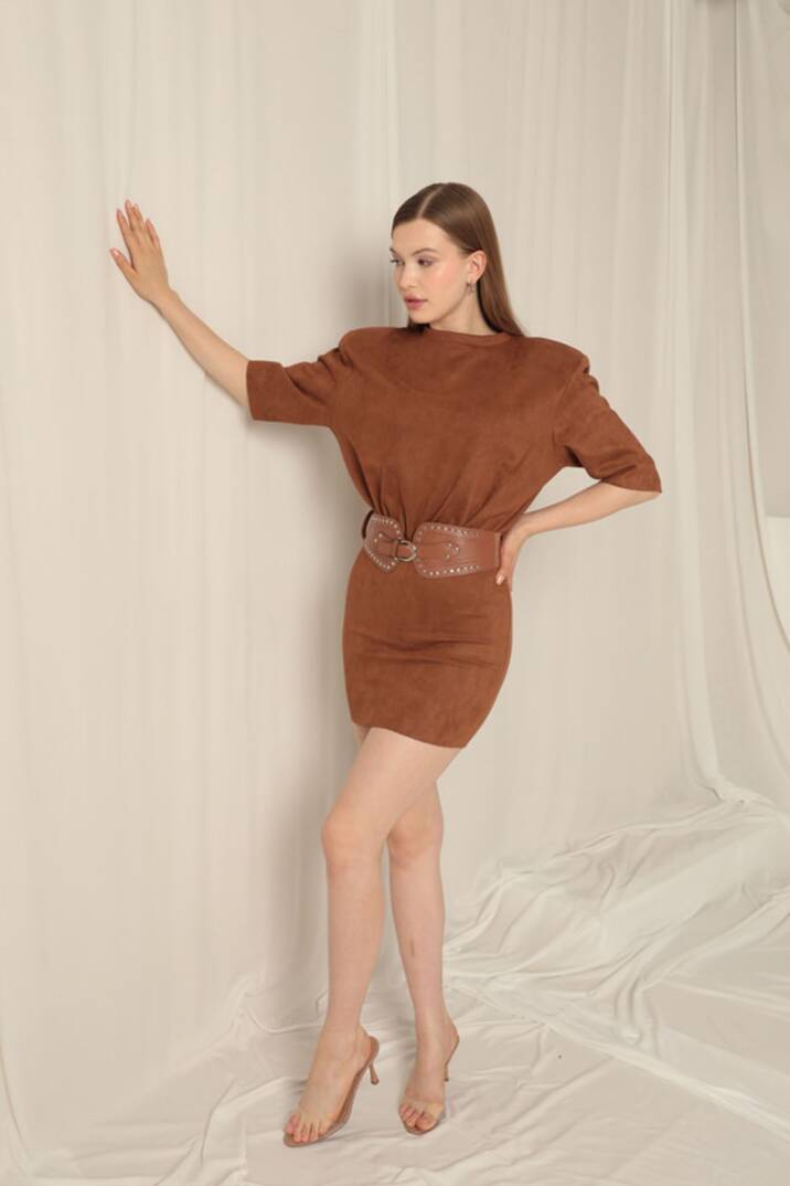Süet Kumaş Kemerli Kahve Elbise - 4