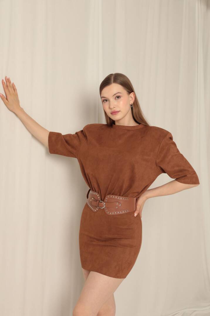 Süet Kumaş Kemerli Kahve Elbise - 5