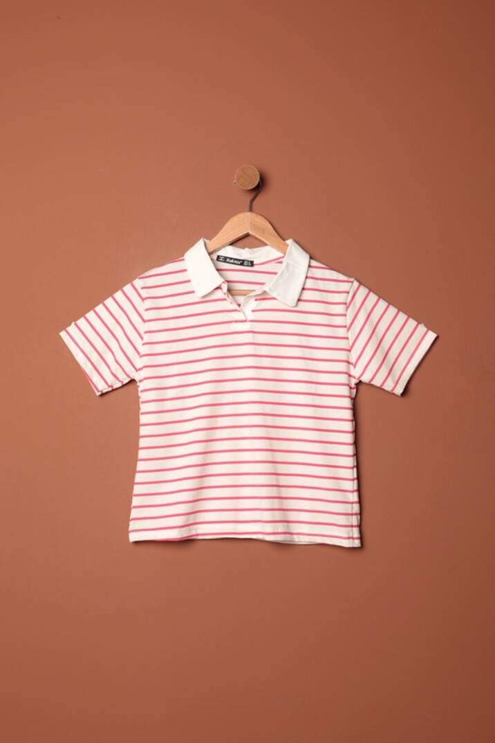 Süprem Kumaş Çizgili Kadın Tişört-Fuşya - 1