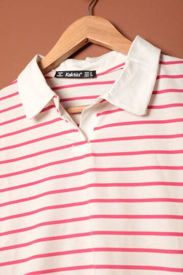 Süprem Kumaş Çizgili Kadın Tişört-Fuşya - 2