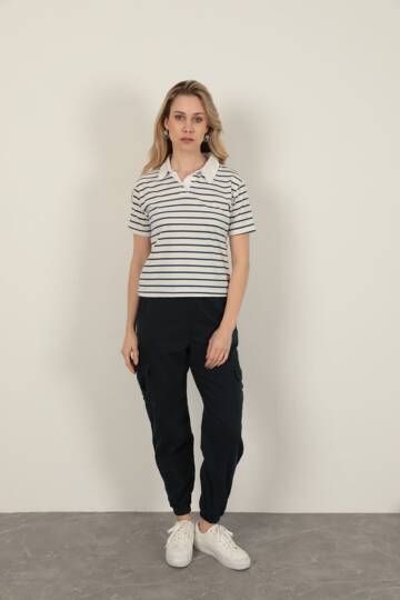 Süprem Kumaş Çizgili Kadın Tişört-Lacivert - 5