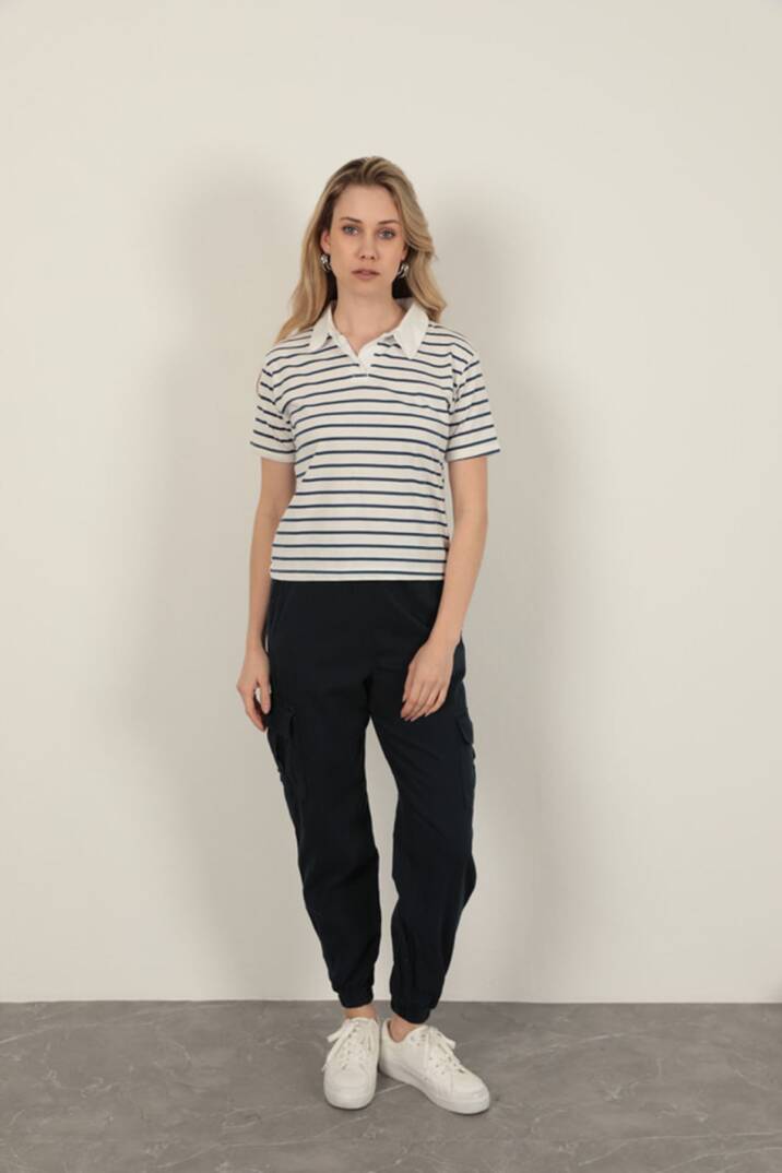 Süprem Kumaş Çizgili Kadın Tişört-Lacivert - 5