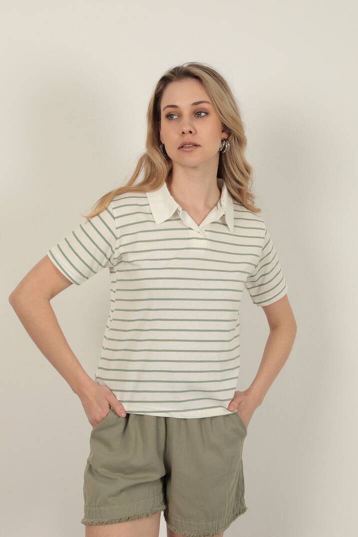 Süprem Kumaş Çizgili Kadın Tişört-Yeşil - 1
