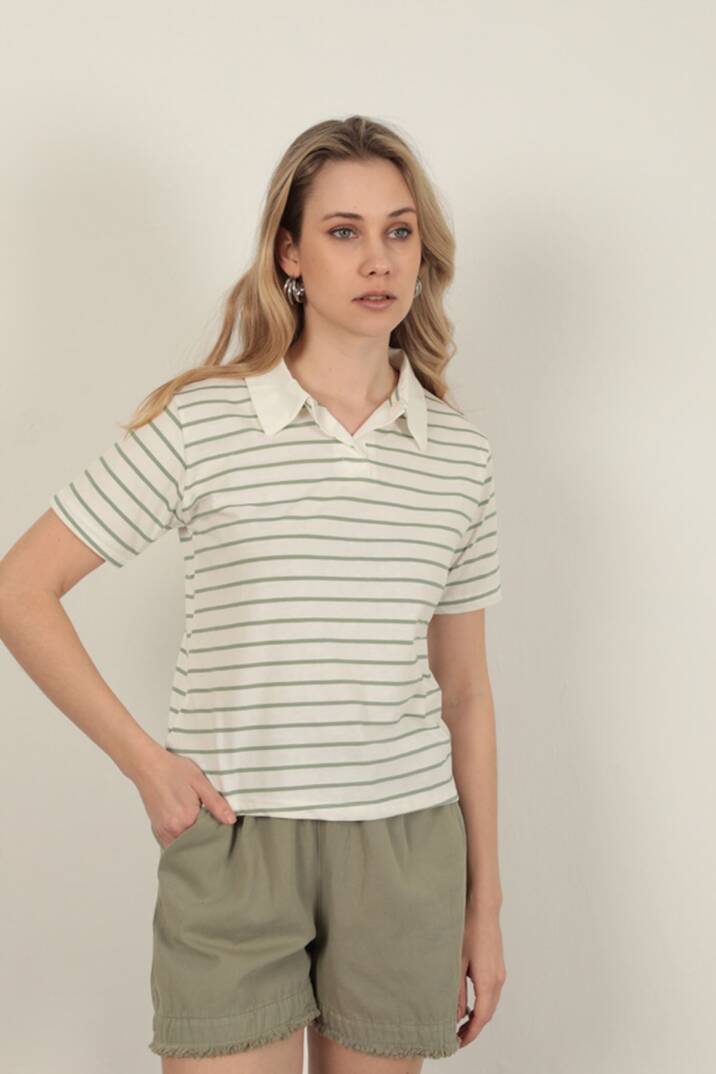 Süprem Kumaş Çizgili Kadın Tişört-Yeşil - 4