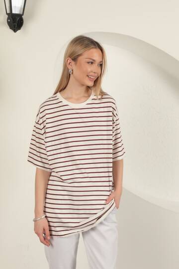 Süprem Kumaş Çizgili Sıfır Yaka Tişört-Bordo - 3