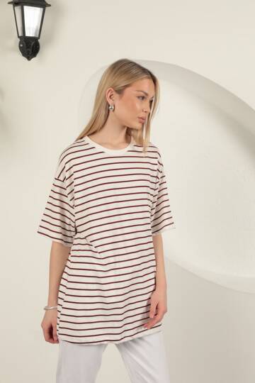 Süprem Kumaş Çizgili Sıfır Yaka Tişört-Bordo - 4
