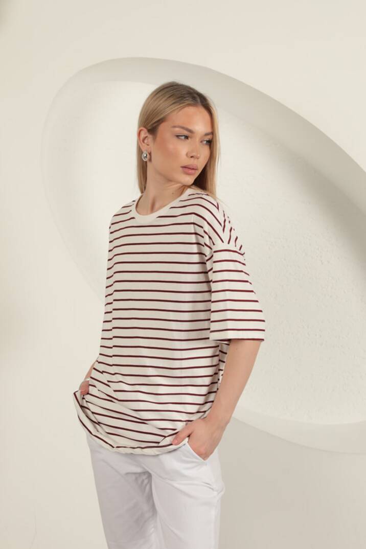 Süprem Kumaş Çizgili Sıfır Yaka Tişört-Bordo - 5