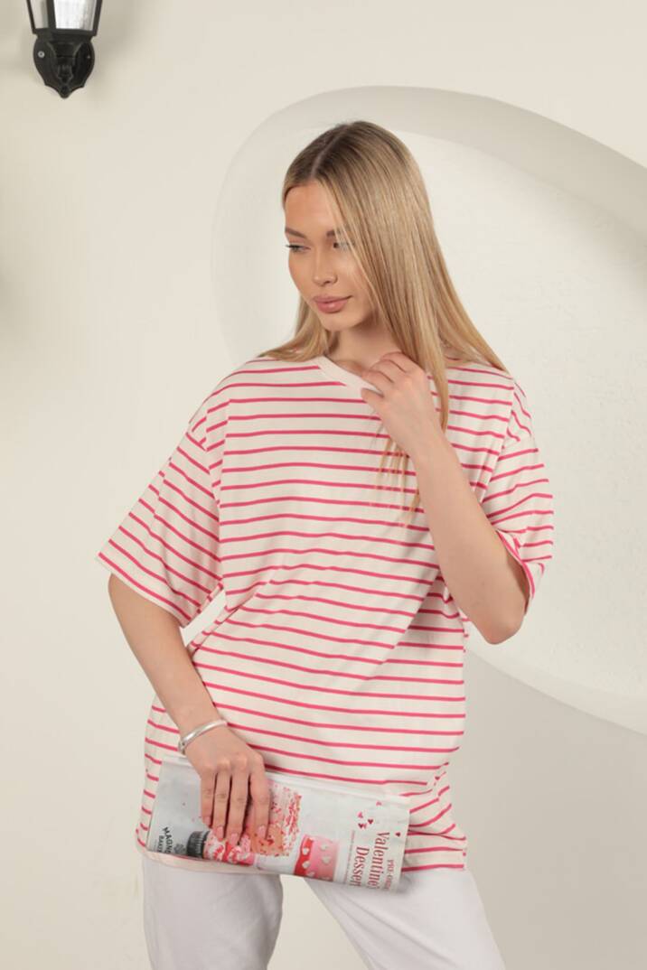 Süprem Kumaş Çizgili Sıfır Yaka Tişört-Fuşya - 5