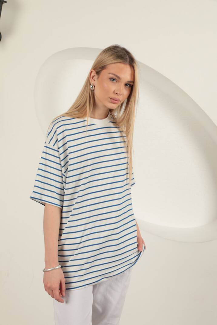 Süprem Kumaş Çizgili Sıfır Yaka Tişört-Mavi - 3