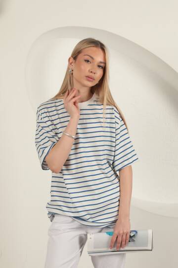 Süprem Kumaş Çizgili Sıfır Yaka Tişört-Mavi - 4