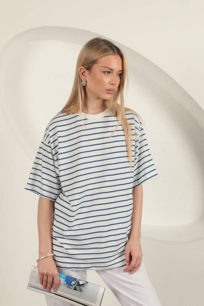 Süprem Kumaş Çizgili Sıfır Yaka Tişört-Mavi - 5