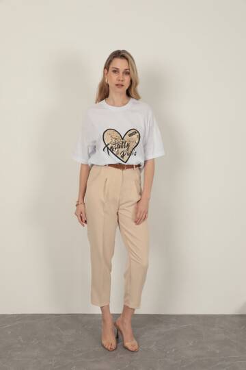 Süprem Kumaş Pul Detaylı Kadın Tişört-Beyaz - 2