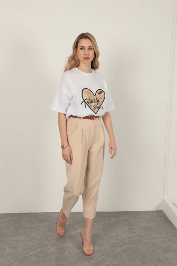 Süprem Kumaş Pul Detaylı Kadın Tişört-Beyaz - 3