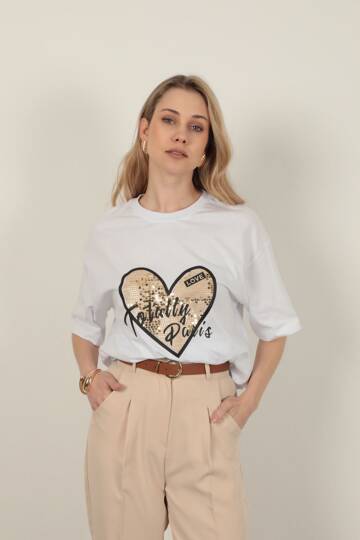 Süprem Kumaş Pul Detaylı Kadın Tişört-Beyaz - 4