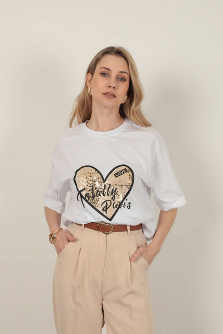 Süprem Kumaş Pul Detaylı Kadın Tişört-Beyaz - 4