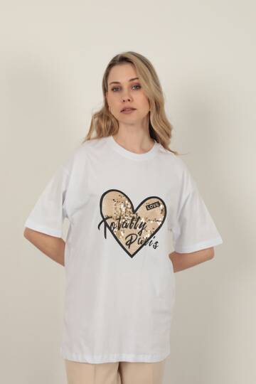 Süprem Kumaş Pul Detaylı Kadın Tişört-Beyaz - 5