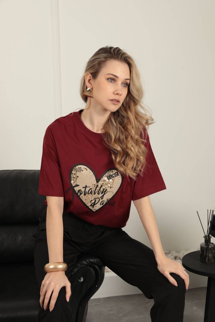 Süprem Kumaş Pul Detaylı Kadın Tişört-Bordo - 1