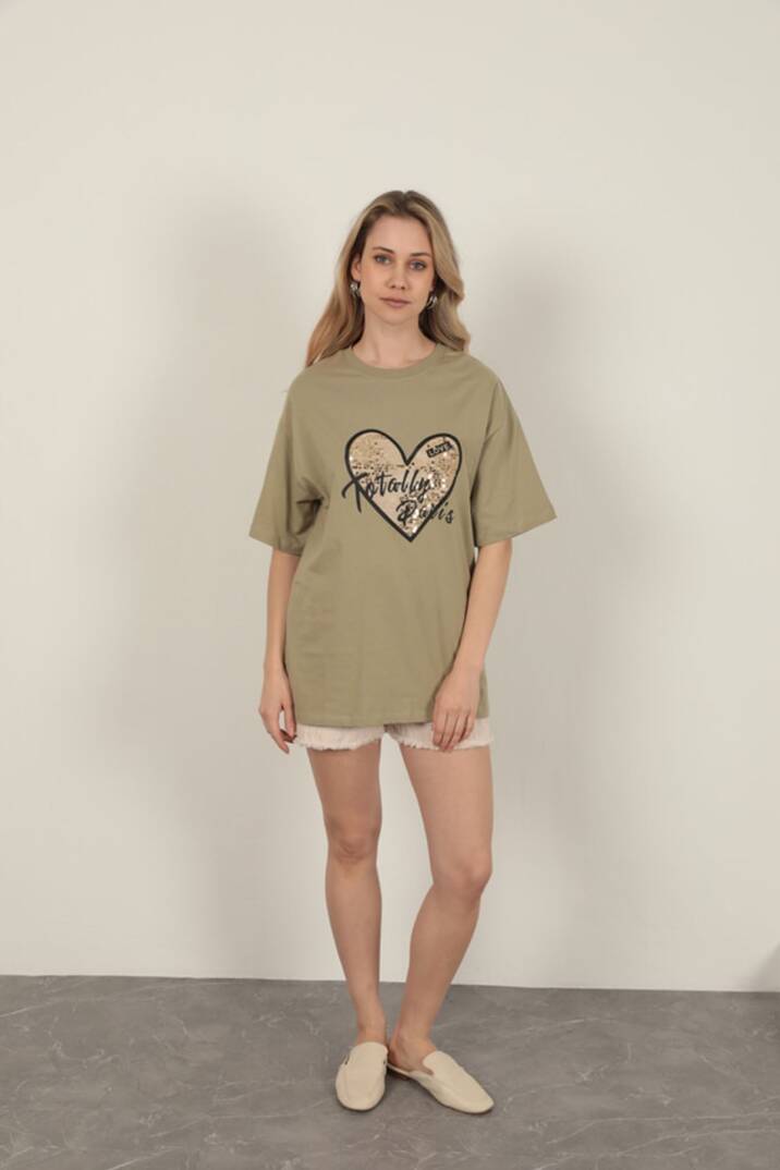 Süprem Kumaş Pul Detaylı Kadın Tişört-Haki - 1