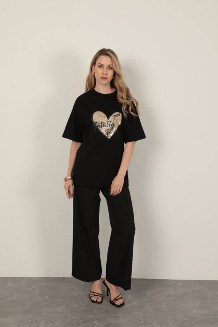 Süprem Kumaş Pul Detaylı Kadın Tişört-Siyah - 2