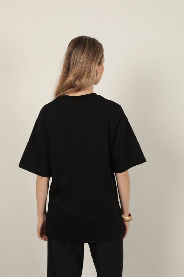 Süprem Kumaş Pul Detaylı Kadın Tişört-Siyah - 5
