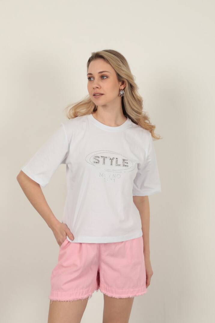 Süprem Kumaş Taş Detaylı Kadın Tişört-Beyaz - 1