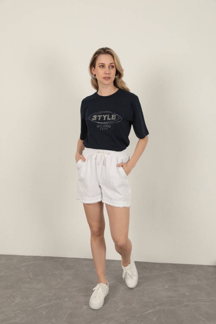 Süprem Kumaş Taş Detaylı Kadın Tişört-Lacivert - 2