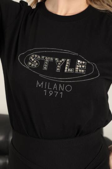 Süprem Kumaş Taş Detaylı Kadın Tişört-Siyah - 5