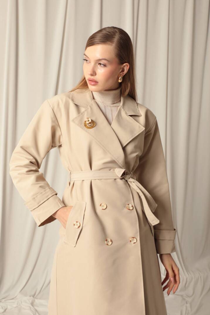 Torino Kumaş Broşlu Maxi Boy Kadın Taş Trençkot - 2