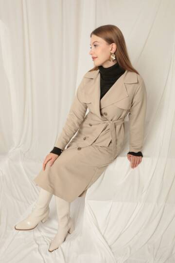 Torino Kumaş Sıvı Geçirmez Maxi Boy Kadın Taş Trençkot - 2