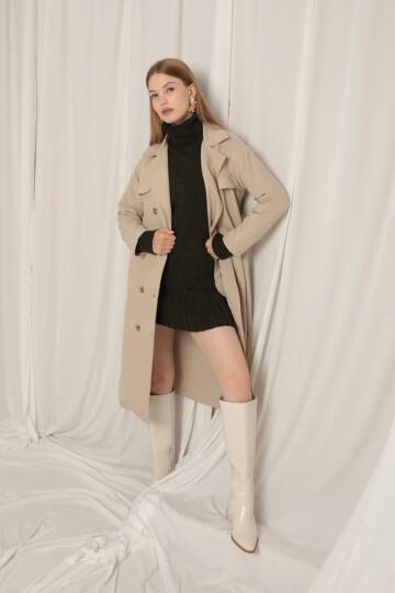 Torino Kumaş Sıvı Geçirmez Maxi Boy Kadın Taş Trençkot - 3