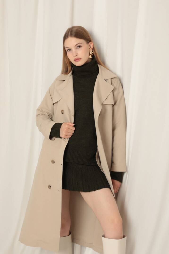 Torino Kumaş Sıvı Geçirmez Maxi Boy Kadın Taş Trençkot - 4