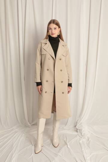 Torino Kumaş Sıvı Geçirmez Maxi Boy Kadın Taş Trençkot - 5