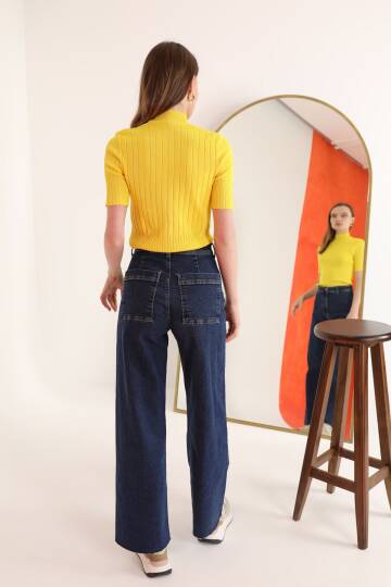 Triko Kumaş Balıkçı Fitilli Kadın  Bluz-Sarı - 2