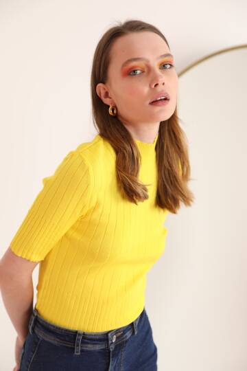 Triko Kumaş Balıkçı Fitilli Kadın  Bluz-Sarı - 3