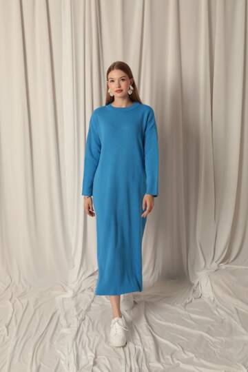 Triko Kumaş Balıkçı Yaka Turkuaz Elbise - 3