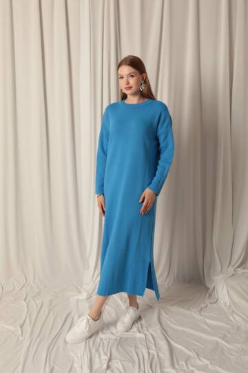 Triko Kumaş Balıkçı Yaka Turkuaz Elbise - 4