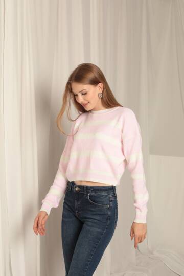 Triko Kumaş Çizgili Kadın Pembe Kazak - 4