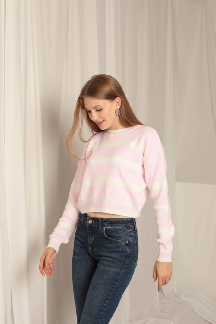 Triko Kumaş Çizgili Kadın Pembe Kazak - 4