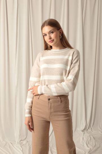 Triko Kumaş Çizgili Kadın Taş Kazak - 2