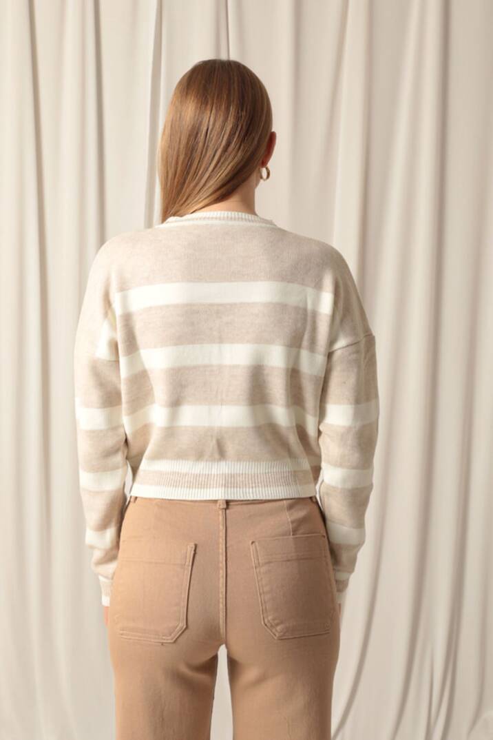 Triko Kumaş Çizgili Kadın Taş Kazak - 5