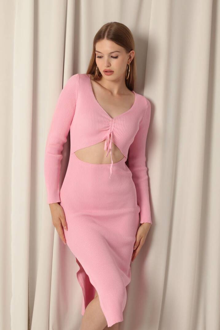 Triko Kumaş Dekolteli Pembe Elbise - 2