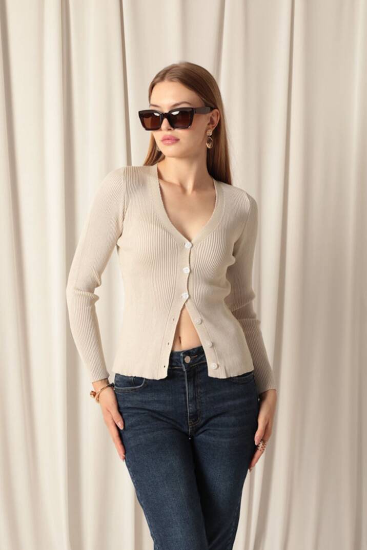 Triko Kumaş Düğmeli Kadın Taş Hırka - 2