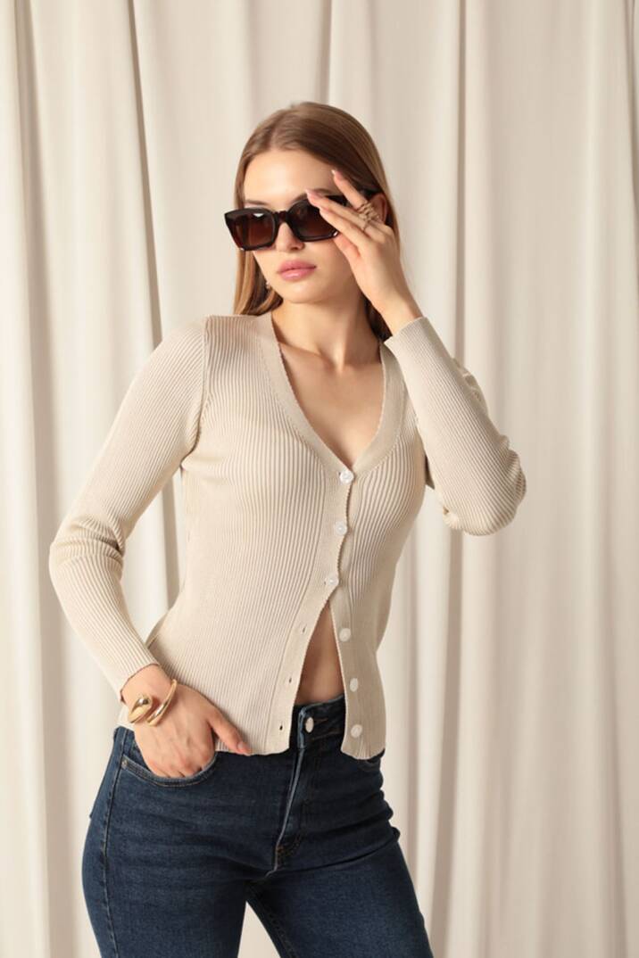 Triko Kumaş Düğmeli Kadın Taş Hırka - 4