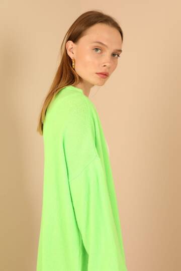 Triko Kumaş Şal Yaka Uzun Kadın Hırka-Neon Yeşil - 5