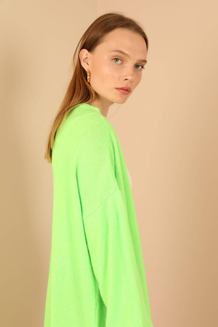Triko Kumaş Şal Yaka Uzun Kadın Hırka-Neon Yeşil - 5