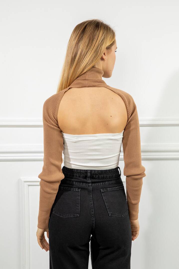 Triko Kumaş Uzun Kollu Boğazlı Yaka Bolero-Camel - 2