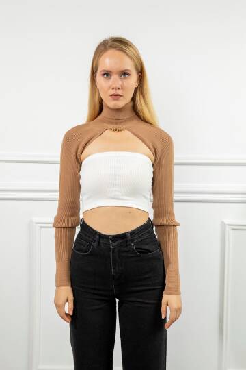 Triko Kumaş Uzun Kollu Boğazlı Yaka Bolero-Camel - 3