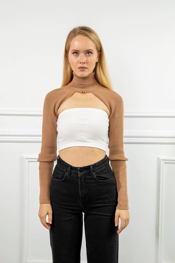 Triko Kumaş Uzun Kollu Boğazlı Yaka Bolero-Camel - 3