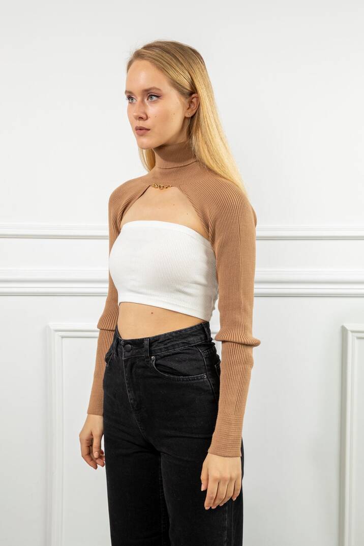 Triko Kumaş Uzun Kollu Boğazlı Yaka Bolero-Camel - 4