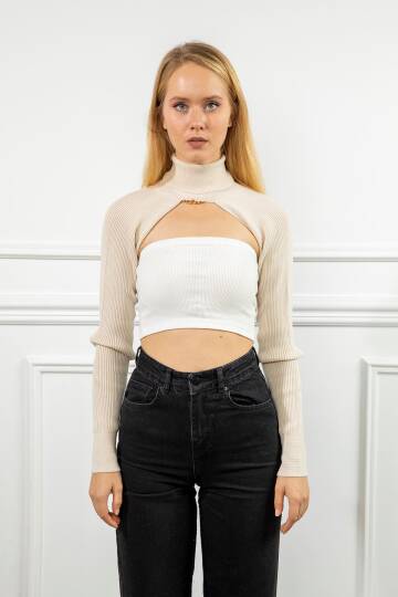 Triko Kumaş Uzun Kollu Boğazlı Yaka Bolero-Ekru - 3